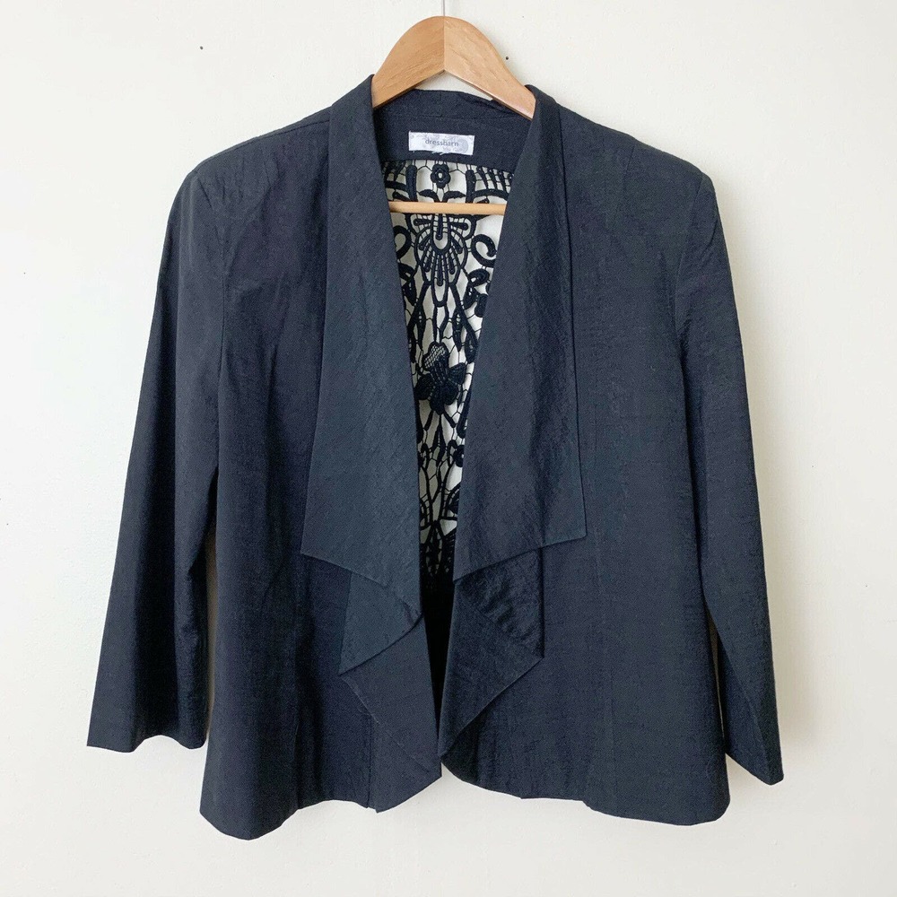 Dressbarn blazer jacket size large black open lace back waterfall 3/4 sleeve